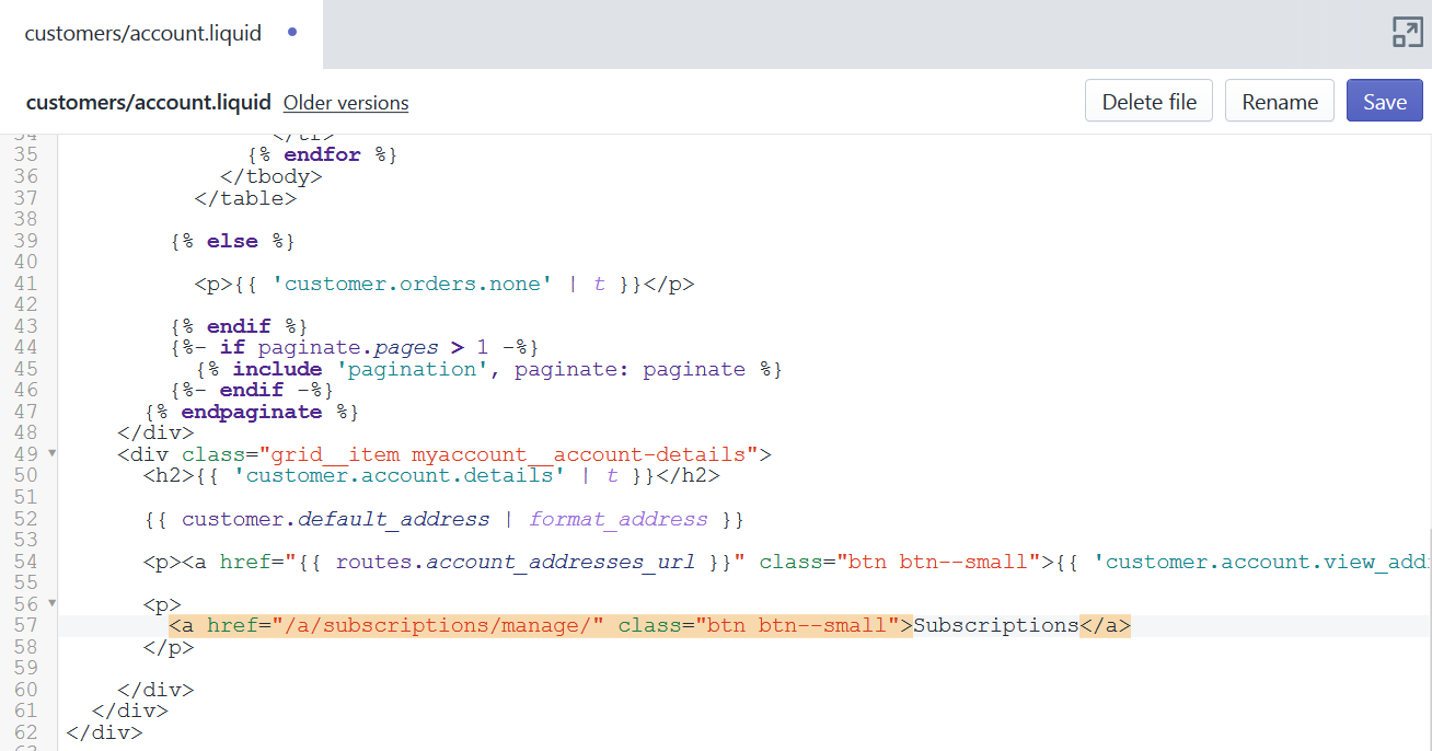Screenshot of the code with a link to the page where the customer can see his subscriptions.